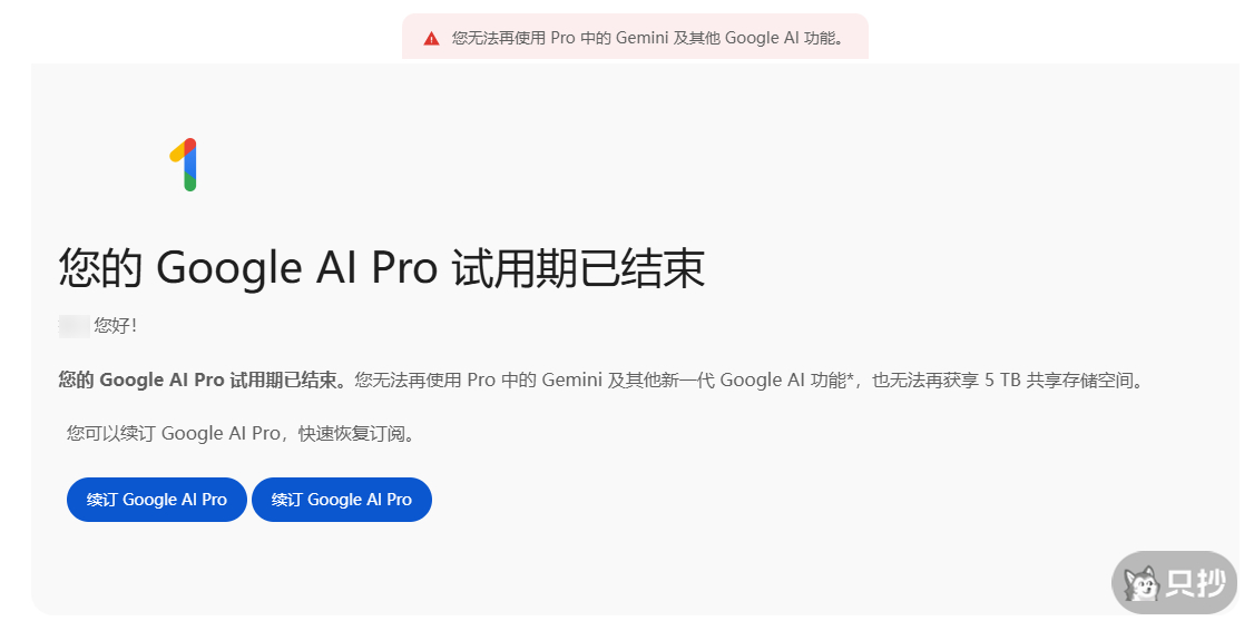 您的 Google AI Pro 试用期已结束